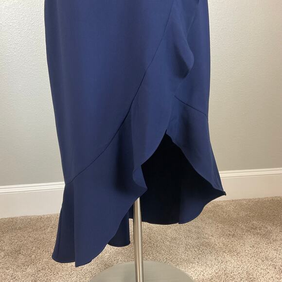 XSCAPE Backless Ruffled Halter High-Low Midi Sheath Cocktail Dress Blue Size 14 - Picture 10 of 13